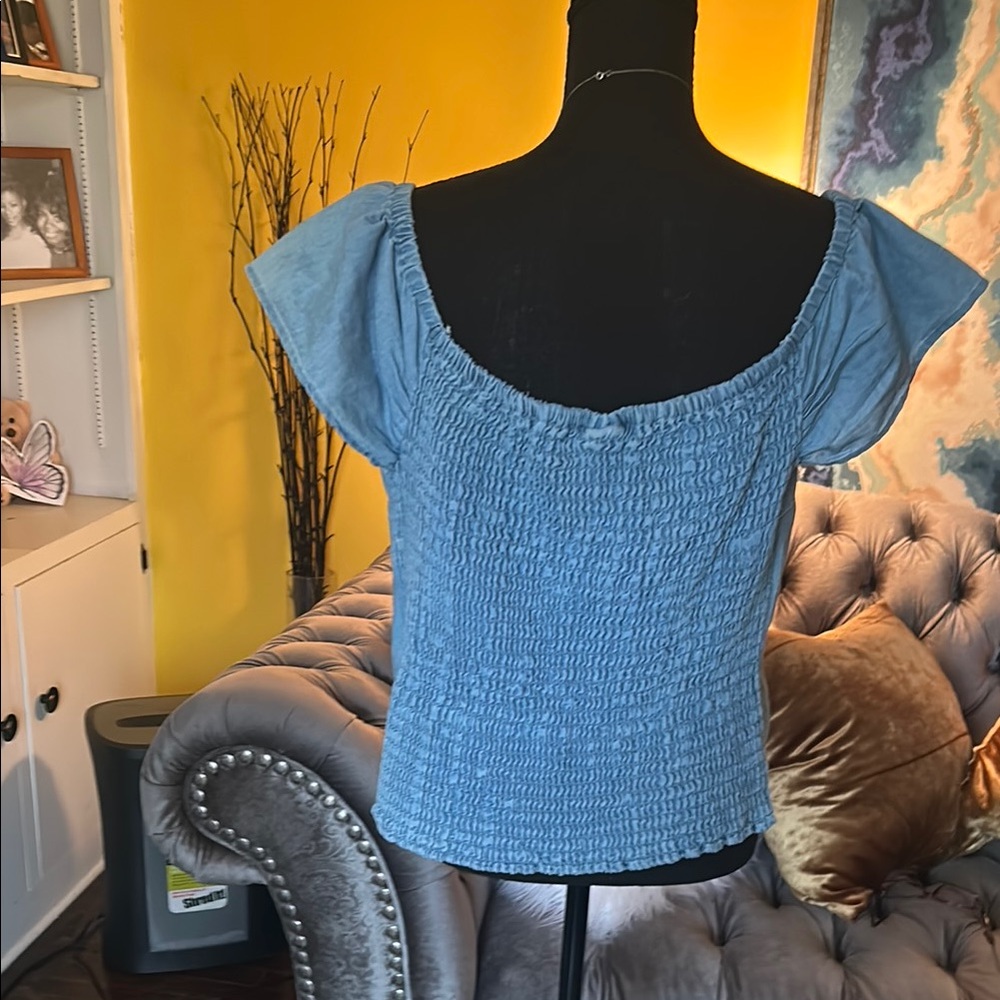 Ashley Stewart Blue denim off the shoulder top - Picture 5 of 9
